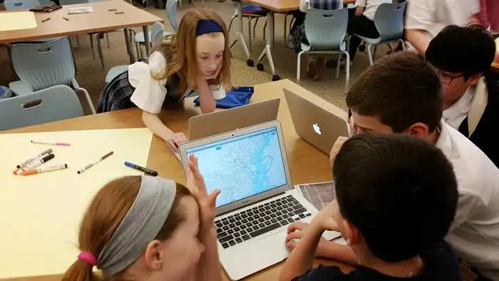 Diese Schüler nutzen Google Maps, um Fahrzeiten und Distanzen zu vergleichen und die effizienteste Lieferroute zu erstellen.  Was denken Sie, was dieses Bild im SAMR-Modell darstellt?