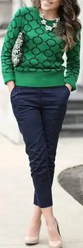 dark green sweater with pattern, navy blue pants