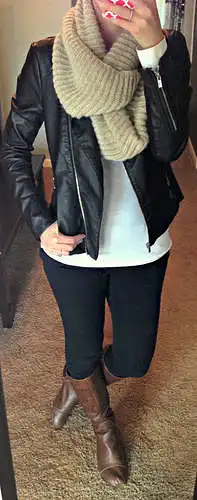 white shirt under black leather jacket, big tan scarf