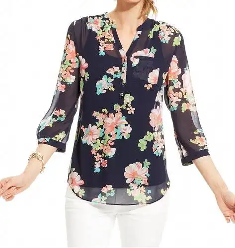 navy blue blouse with pastel flowers