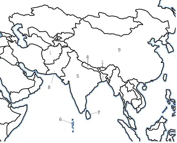 9. Please see the image and name the countries marked with number (1-9)