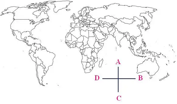 10. Vis de 4 retningene (Øst, Vest, Nord, Sør) på et kart merket med bokstavene (A, B, C, D)