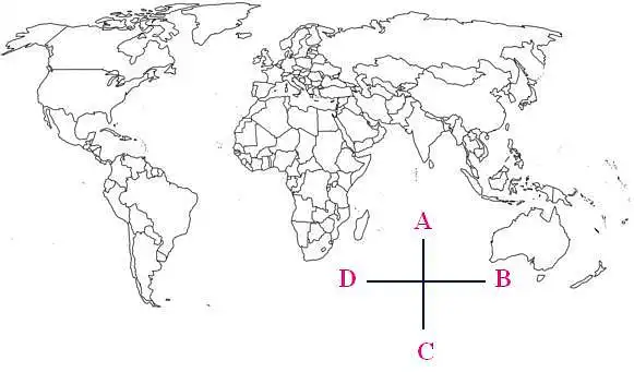 10. Muestre las 4 direcciones (Este, Oeste, Norte, Sur) de un mapa marcado con las letras (A, B, C, D)