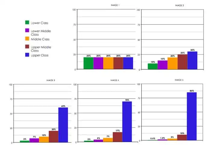 ¿Cuál de los siguientes gráficos representa más de cerca (como una estimación aproximada) cómo crees que se distribuye la riqueza en EE. UU.?